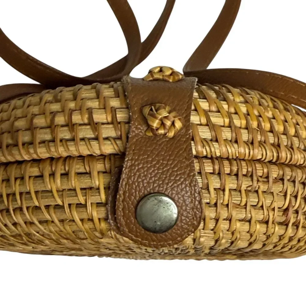 Round Rattan Wicker Purse Shoulder Bag Cross Body Shoulder Brown